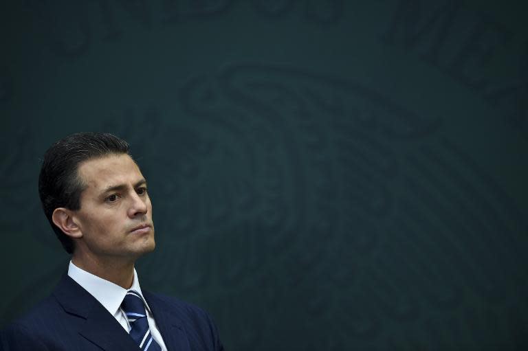 Mexico's President Enrique Pena Nieto gestures after delivering a speech at the Los Pinos presidential palace in Mexico City, on February 3, 2015