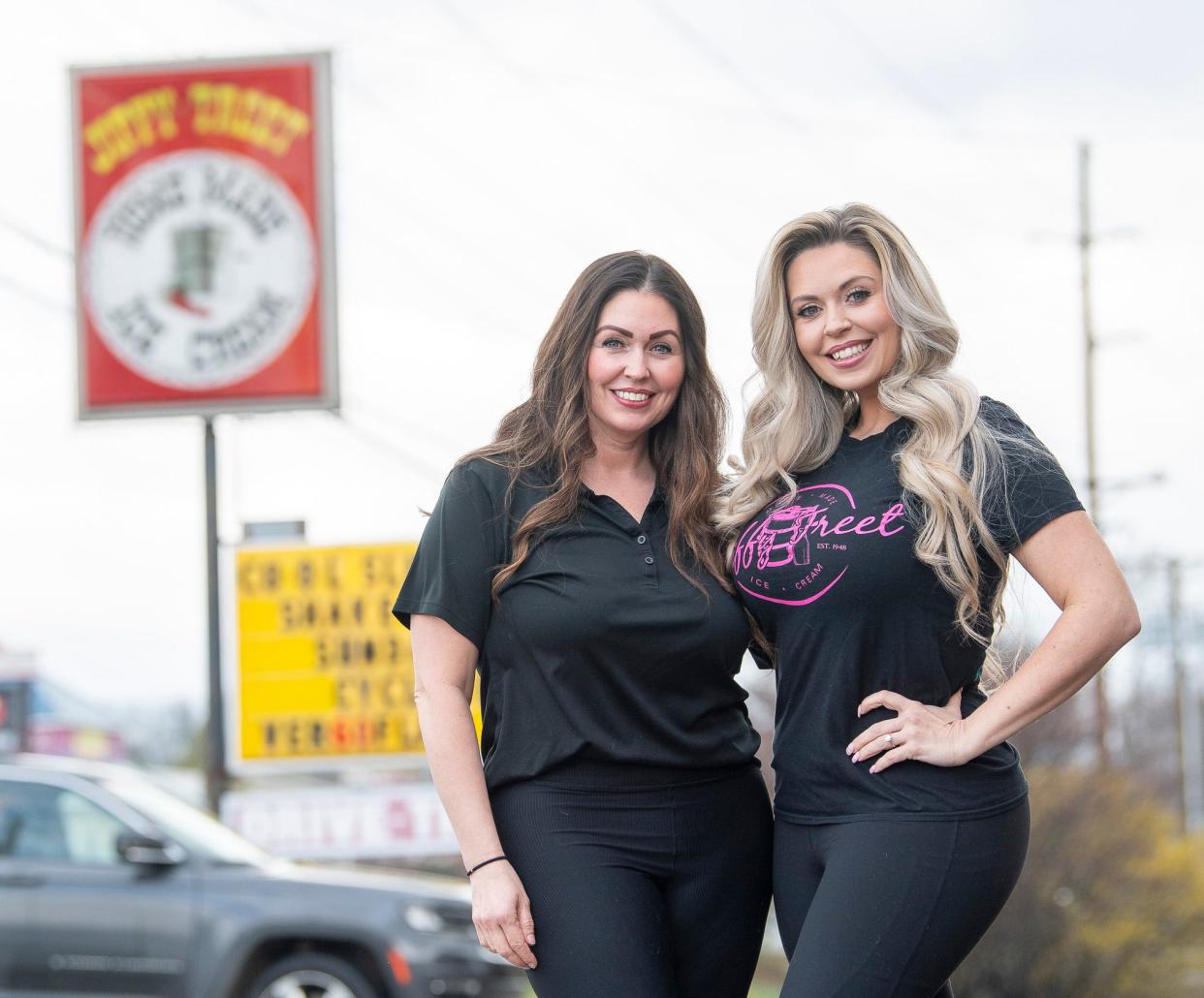 Jiffy Treet owners Danelle Clark, left, and Laura LeJeune pose outside the Ellettsville store on Tuesday, March 5, 2024.