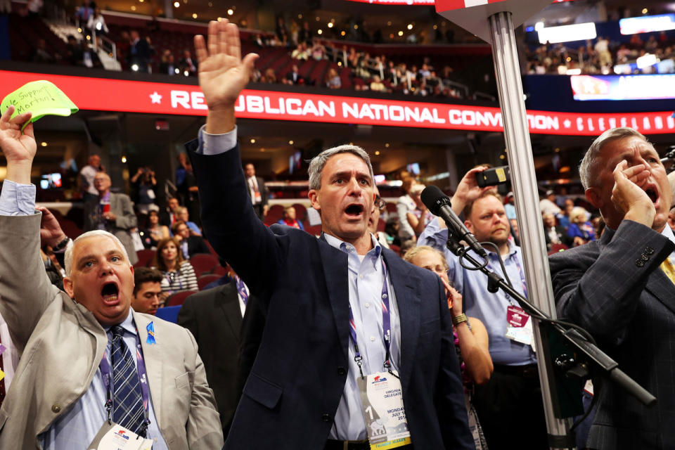 Convention floor erupts when no roll call taken to change rules to unbind delegates