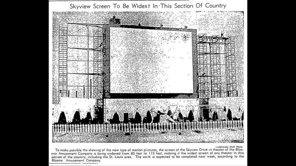 The screen at Skyview was widened in April 1955 from 60 to 115 feet to accommodate the Cinemascope film format used in Hollywood.