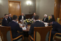 U.S. Treasury Secretary Janet Yellen, second right, attends the meeting with Poland's Prime Minister Mateusz Morawiecki, left, in Warsaw, Poland, Monday, May 16, 2022. Yellen and Morawiecki will discuss how Russia's invasion of Ukraine affects Poland's economy as part of a week-long trip that also will take her to Brussels and a G7 finance leaders meeting in Germany. (AP Photo/Michal Dyjuk)