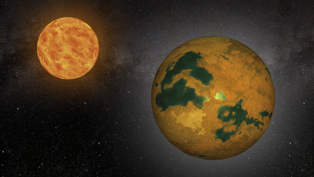  A mottled brown planet orbits a fiery orange star. thousands of stars dot the background. 