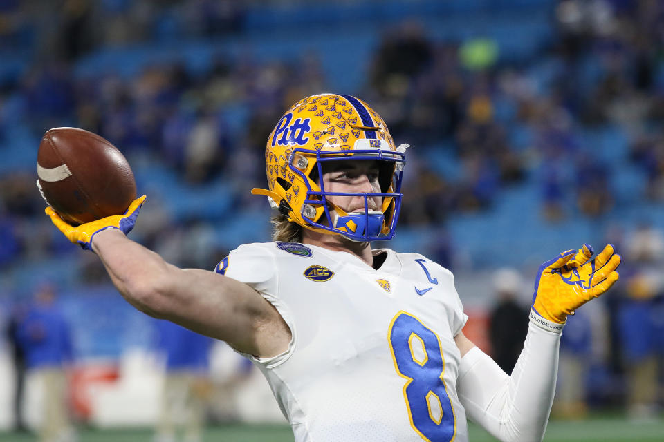 Pitt's Kenny Pickett must answer hand-size questions but could end up the first QB drafted in 2022. (Photo by John Byrum/Icon Sportswire via Getty Images)