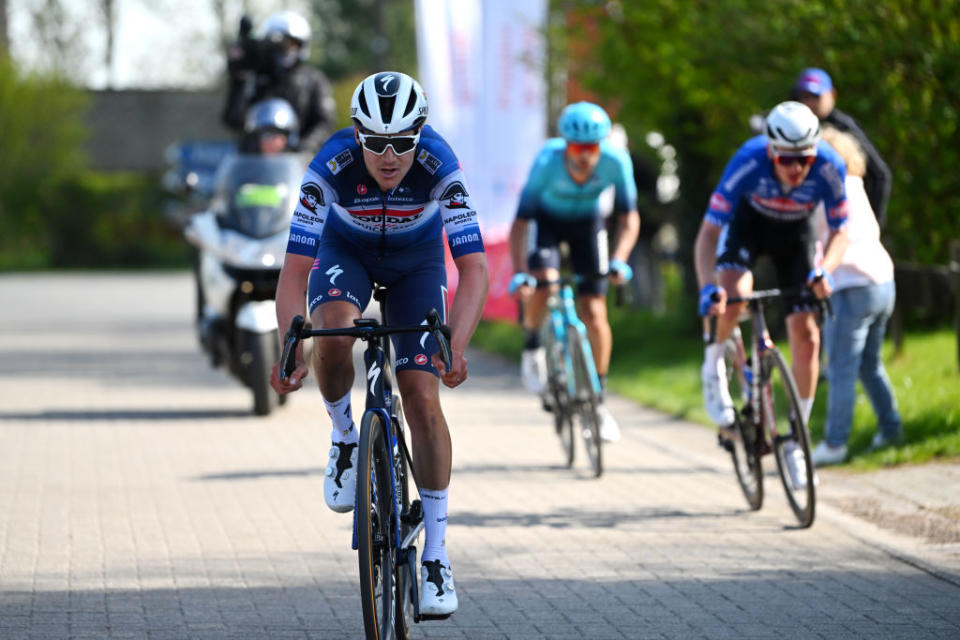 HUY BELGIUM  APRIL 19 Louis Vervaeke of Belgium and Team Soudal  Quick Step competes in the breakaway during the 87th La Fleche Wallonne 2023 Mens Elite a 1943km one day race from Herve to Mur de Huy  UCIWT  on April 19 2023 in Huy Belgium Photo by Luc ClaessenGetty Images