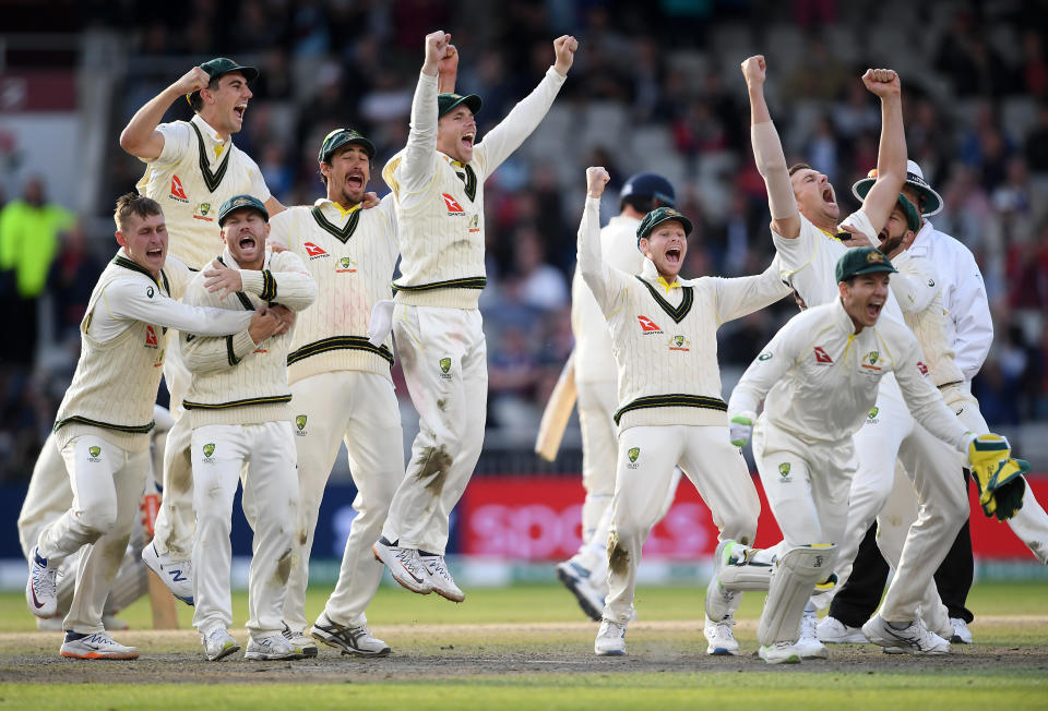 MANCHESTER, ENGLAND - SEPTEMBER 08:  Australia celebrate the final wicket of Craig Overton of England to win the Test Match and retain the Ashes during Day Five of the 4th Specsavers Ashes Test between England and Australia at Old Trafford on September 08, 2019 in Manchester, England. (Photo by Alex Davidson/Getty Images)