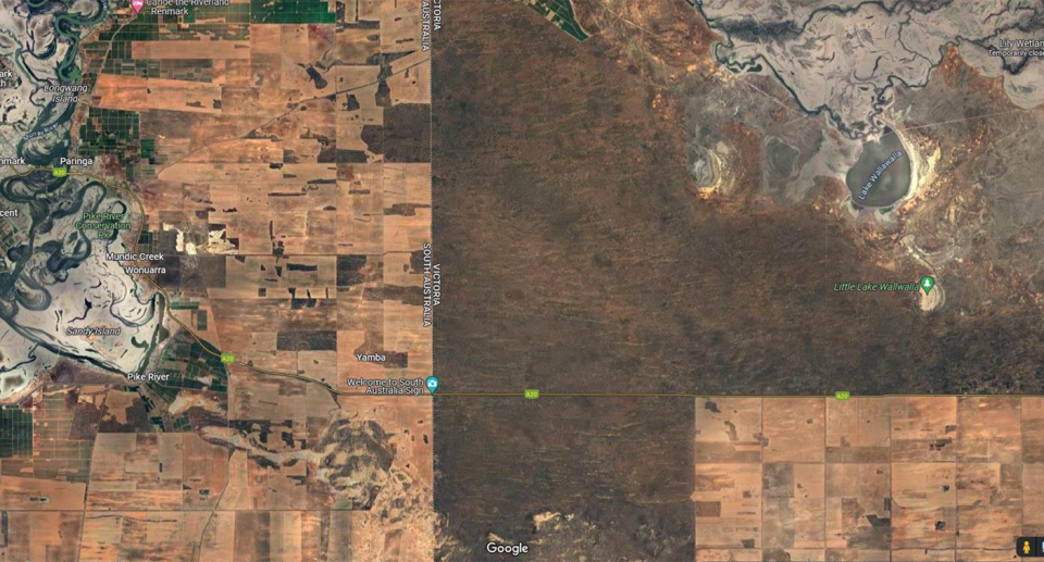 A satellite view shows a different angle of the stark contrast between South Australia and Victoria.