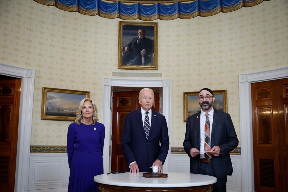 PHOTO: President Joe Biden participates in a remembrance ceremony with first lady Jill Biden and Rabbi Aaron Alexander of Adas Israel Congregation on the one-year anniversary of the Hamas attack on Israel in the Blue Room at the White House, Oct. 7, 2024. (Kevin Dietsch/Getty Images)