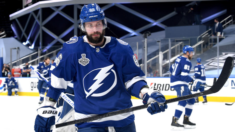 EDMONTON, ALBERTA - SEPTEMBER 19: Nikita Kucherov #86 of the Tampa Bay Lightning warms up before Game One of the NHL Stanley Cup Final between the Dallas Stars and the Tampa Bay Lightning at Rogers Place on September 19, 2020 in Edmonton, Alberta, Canada. (Photo by Andy Devlin/NHLI via Getty Images)