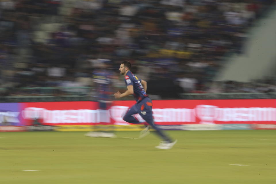 Mark Wood of Lucknow Super Giants fields during the Indian Premier League cricket match between Delhi Capitals and Lucknow Super Giants in Lucknow, India, Saturday, April 1, 2023. (AP Photo/Surjeet Yadav)