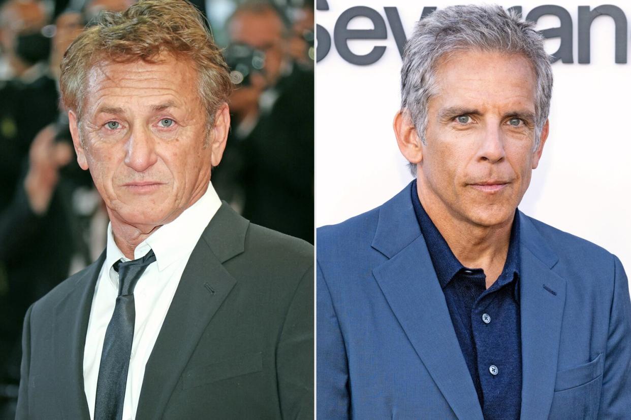 Sean Penn attends the "Flag Day" screening during the 74th annual Cannes Film Festival on July 10, 2021 in Cannes, France. (Photo by Mike Marsland/WireImage); Ben Stiller arrives at the celebration for Apple TV+'s "Severance" at Nobu Malibu on August 07, 2022 in Malibu, California. (Photo by Amanda Edwards/WireImage)