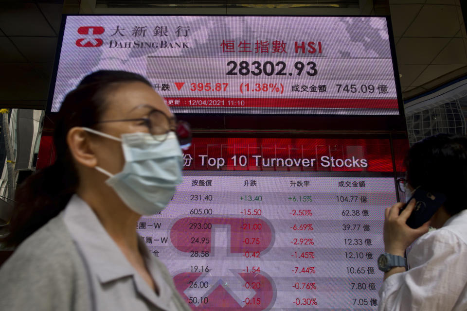 People walk past a bank's electronic board showing the Hong Kong share index at Hong Kong Stock Exchange in Hong Kong Monday, April 12, 2021. Asian shares were lower on Monday, as investors grew wary over the recent surge in coronavirus cases in many places while vaccinations are making scant headway. (AP Photo/Vincent Yu)