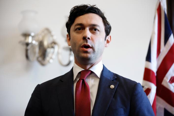 Sen.  Jon Ossoff, D-Ga., delivers brief remarks about a school massacre in Texas before a meeting with New Zealand Prime Minister Jacinda Ardern in his office on Capitol Hill on May 25.