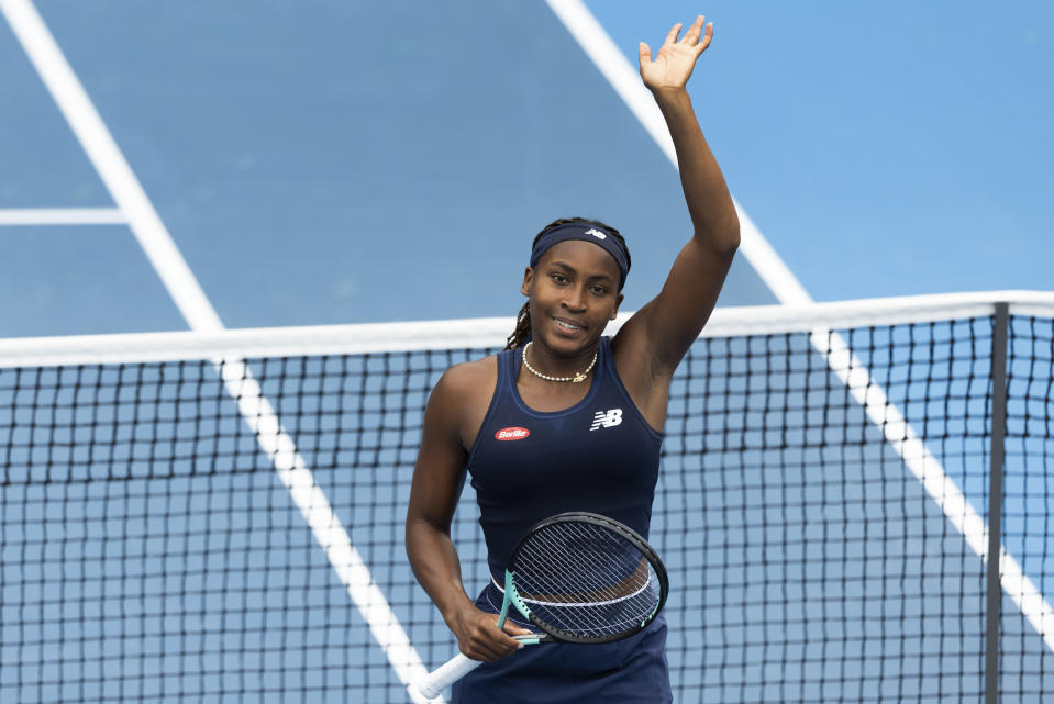 Coco Gauff of the United States celebrates after defeating Varvara Gracheva from France during their quarterfinal match at the ASB Tennis Classic in Auckland, New Zealand, Friday, Jan. 5, 2024. (Brett Phibbs/Photosport via AP)