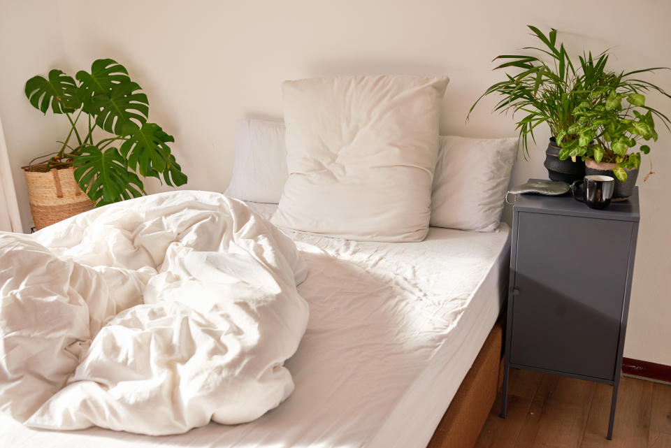 An unmade empty bed in the sunlight with plants in bedroom. High quality photo