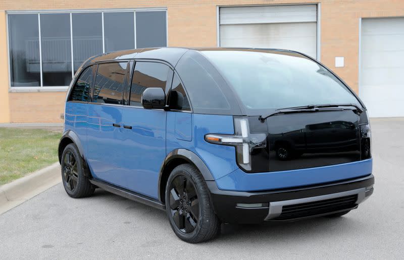 A general view shows a Canoo LV (Lifestyle Vehicle) electric vehicle outside a manufacturing site