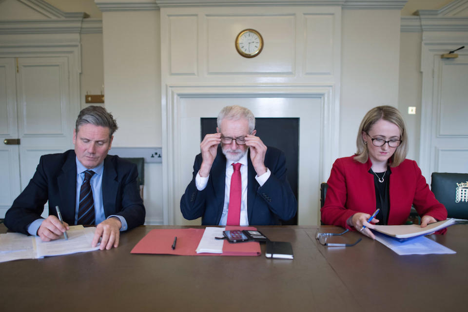 Labour leader Jeremy Corbyn (centre), shadow Brexit secretary Keir Starmer and shadow business secretary Rebecca Long-Bailey last Wednesday before talks with prime minister Theresa May (Picture: PA)