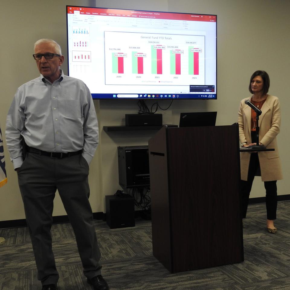 Commissioner Dane Shryock with Budget Director Robin Schonauer discuss budget figures with department heads and elected figures as commissioners want to be proactive in cutting costs and generating new revenue before it reaches a critical point.