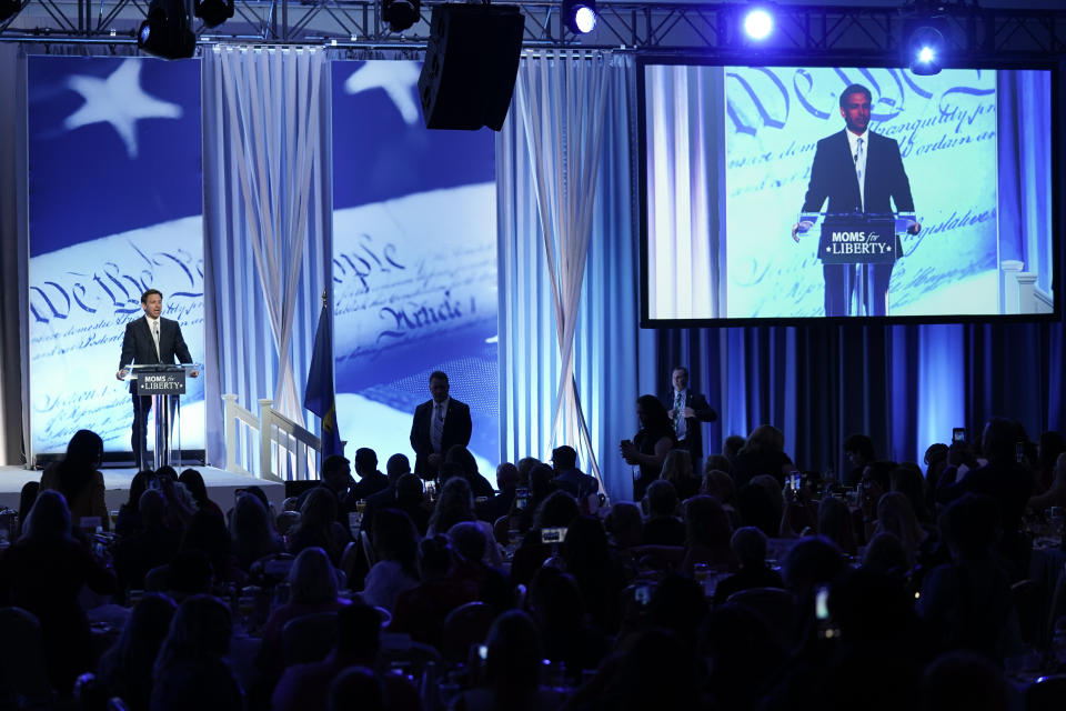 Republican presidential candidate Florida Gov. Ron DeSantis speaks at the Moms for Liberty meeting in Philadelphia, Friday, June 30, 2023. (AP Photo/Matt Rourke)