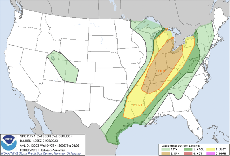 Storm risk for this afternoon. The orange section represents enhanced risk of storms, yellow shows a slight risk of storms, and green shows a marginal risk of storms.