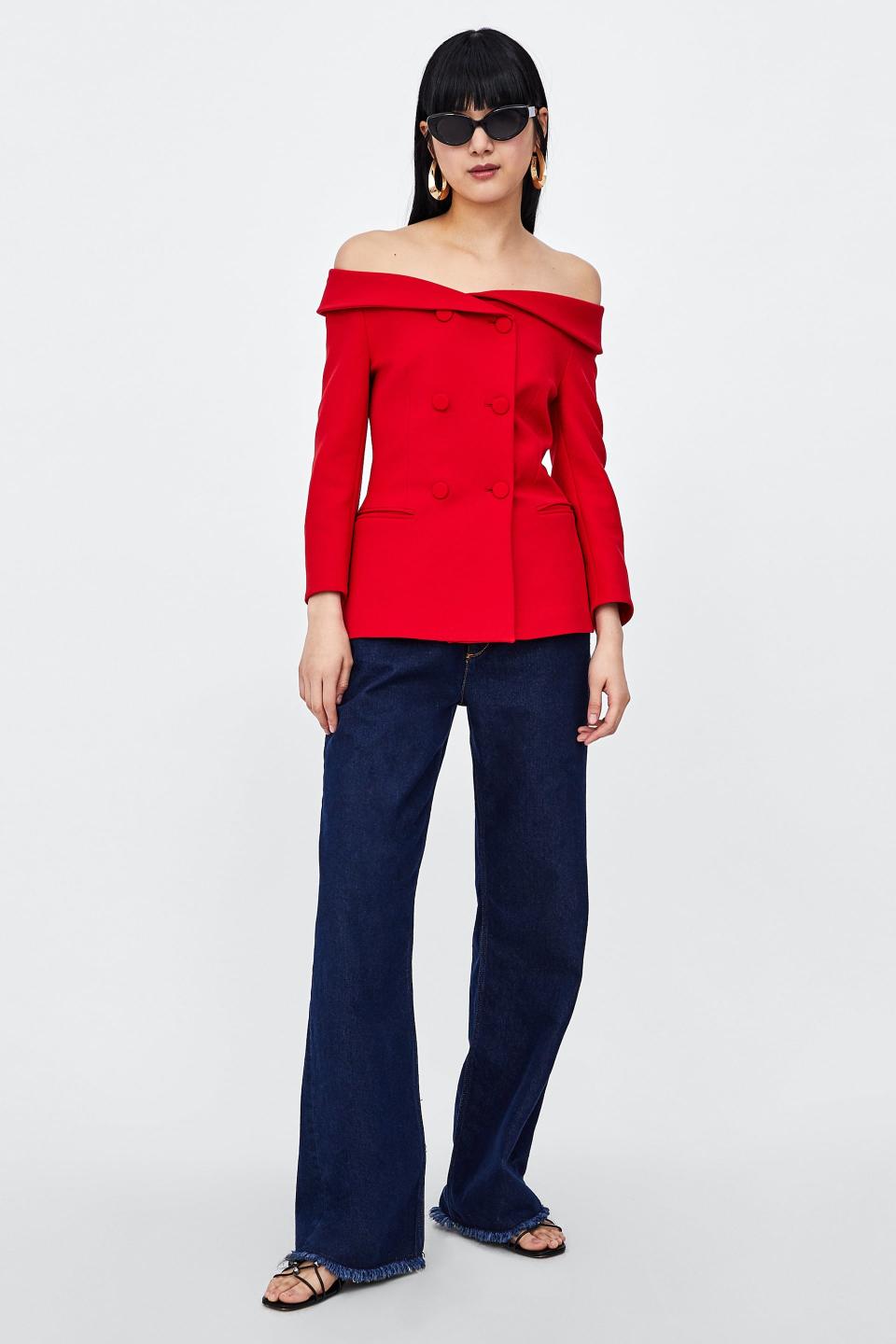 Style the boatneck blazer with wide-leg trousers or jeans. (Photo: Zara)