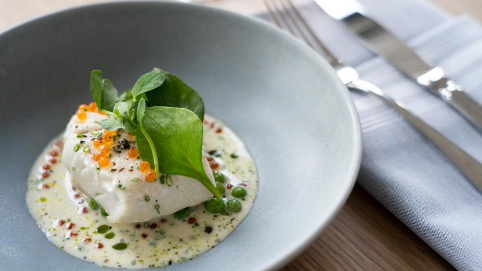 Slow cooked cod with whey and trout roe - Credit: Twelve