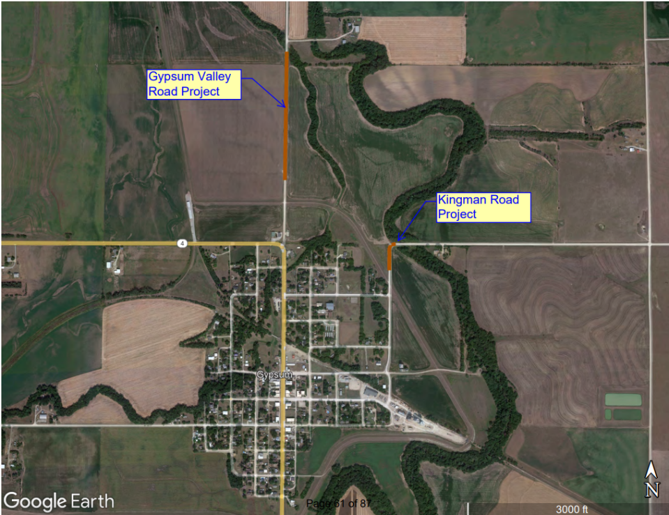 A screengrab of the locations of two upcoming road projects near Gypsum, Kansas.