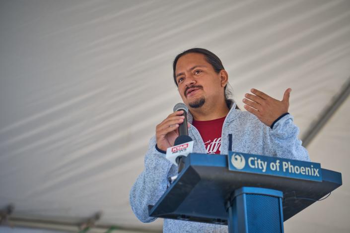 Phoenix City Council member Carlos Garcia delivers remarks during the groundbreaking ceremony for Arizona Fresh on Oct. 25, 2022, in Phoenix.