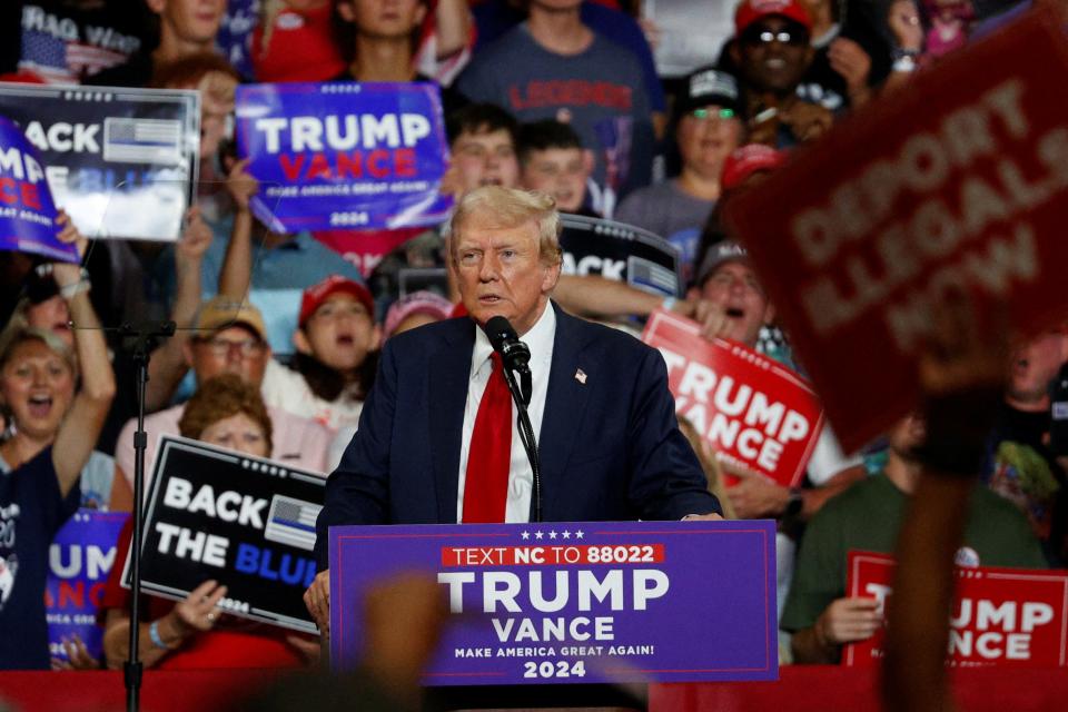 Republican presidential nominee and former U.S. President Donald Trump speaks as he campaigns in Charlotte, North Carolina, U.S. July 24, 2024. REUTERS/Marco Bello