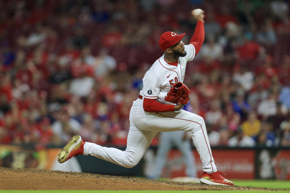 Cincinnati Reds' Amir Garrett throws during the ninth inning of the team's baseball game against the New York Mets in Cincinnati, Tuesday, July 20, 2021. The Reds won 4-3. (AP Photo/Aaron Doster)