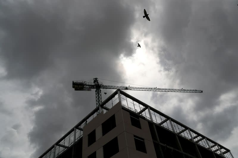 FILE PHOTO: Birds fly over a closed construction site of a residential building during the lockdown amid the coronavirus disease (COVID-19) outbreak, in Madrid, Spain
