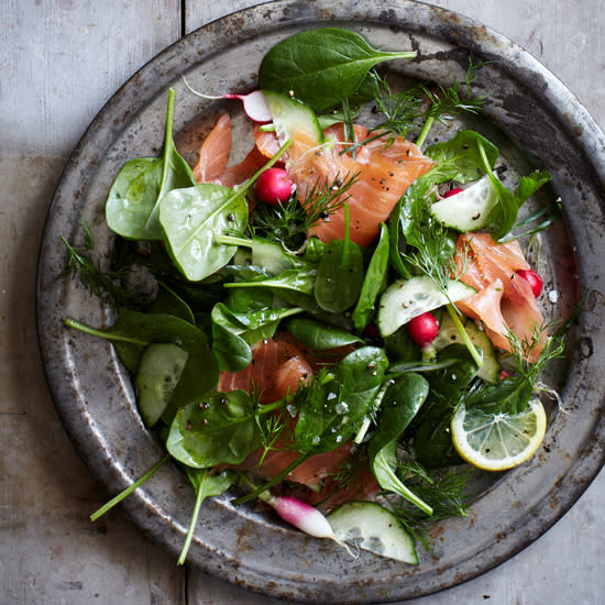 April 12: Spinach and Smoked Salmon Salad with Lemon-Dill Dressing