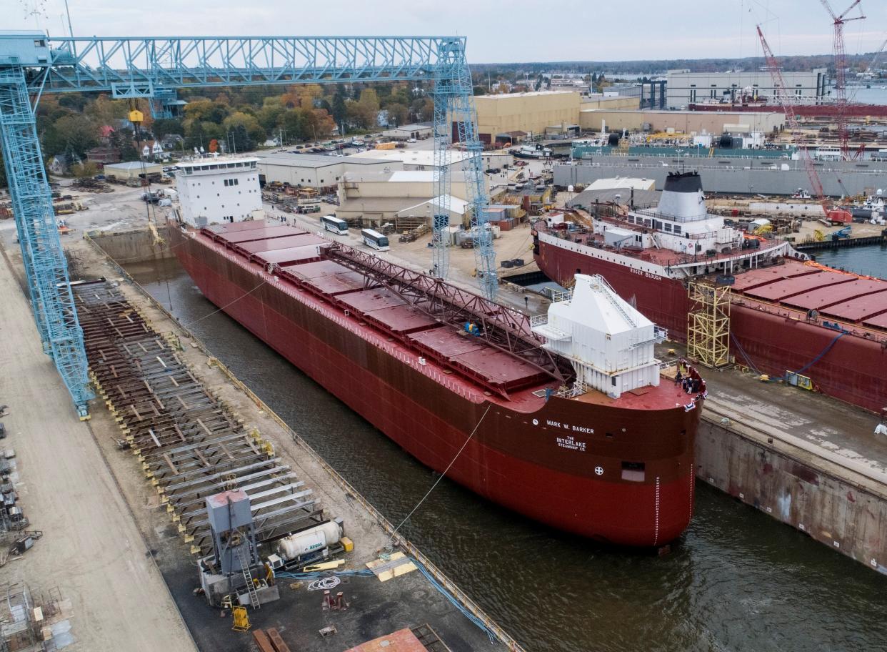 The 639-foot-long bulk carrier Mark W. Barker, shown in its dock at Fincantieri Bay Shipbuilding in Sturgeon Bay, set off on its maiden voyage from the shipyard July 27, heading to Port Inland, Michigan, to pick up stone and deliver it to Muskegon, Michigan. Bay Ship built the vessel for Interlake Steamship Co., and it's believed to be the first Great Lakes freighter built on the lakes since 1983.