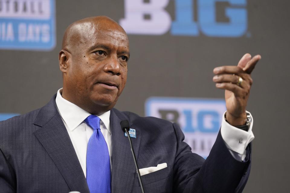 Big Ten Commissioner Kevin Warren talks to reporters during an NCAA college football news conference at the Big Ten Conference media days, at Lucas Oil Stadium, Tuesday, July 26, 2022, in Indianapolis. (AP Photo/Darron Cummings)