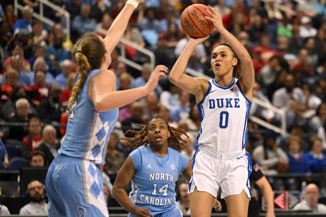 Mar 3, 2023; Greensboro, NC, USA; Duke Blue Devils guard Celeste Taylor (0) shoots against North Carolina Tar Heels guard Alyssa Ustby (1) during the second half at Greensboro Coliseum. Mandatory Credit: William Howard-USA TODAY Sports