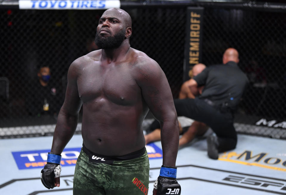 LAS VEGAS, NEVADA - AUGUST 15: Jairzinho Rozenstruik of Suriname reacts after his knockout victory over Junior Dos Santos of Brazil in their heavyweight bout during the UFC 252 event at UFC APEX on August 15, 2020 in Las Vegas, Nevada. (Photo by Jeff Bottari/Zuffa LLC)