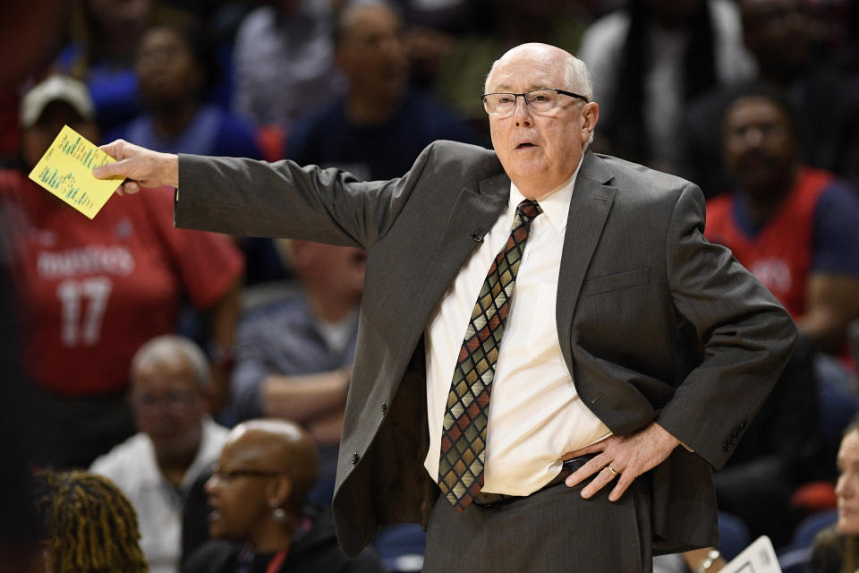 Washington Mytics coach Mike Thibault gestures during the second half of Game 2 of the team's WNBA playoff basketball series against the Las Vegas Aces, Thursday, Sept. 19, 2019, in Washington. The Mystics won 103-91. (AP Photo/Nick Wass)