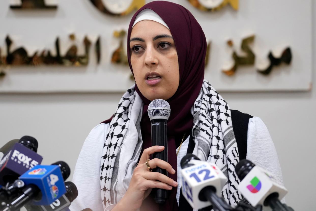 Basma Bsharat, Palestine Education Director, at the Palestinian American Community Center (PACC), speaks during a press conference, Monday, October 16, 2023.