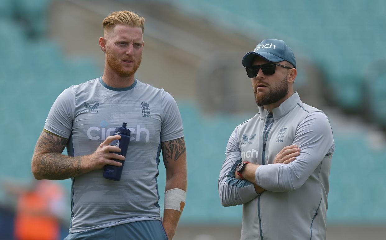 Ben Stokes and Brendon McCullum of England talk during a training session before Thursday's third Test against South Africa at the Kia Oval - Phillip Brown/Getty Images