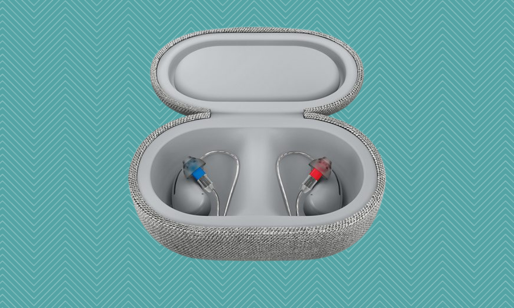 hearing aids in gray case