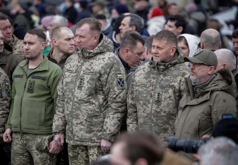 Ukrainian army top oficers attend a ceremony for serviceman and Hero of Ukraine Dmytro Kotsiubailo in Kyiv