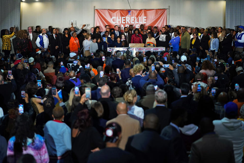 Democratic mayoral candidate Cherelle Parker speaks during an election night event party in Philadelphia, Tuesday, Nov. 7, 2023. Parker has been elected as Philadelphia's 100th mayor, becoming the first woman to hold the office. (AP Photo/Matt Rourke)