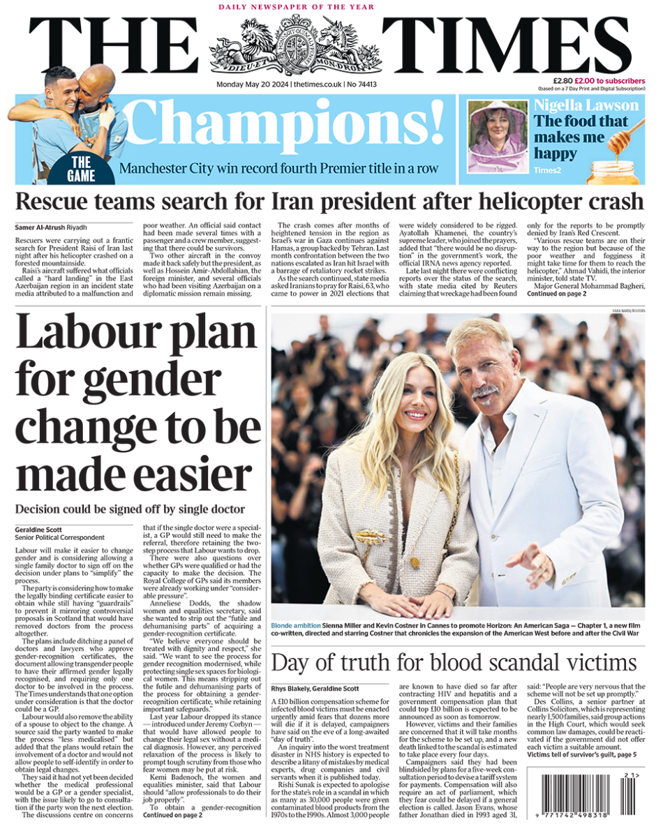 The headline on the front page of the Times reads:  "Labour plan for gender change to be made easier" 