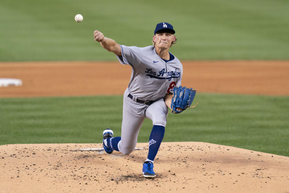 Los Angeles Dodgers starting pitcher Emmet Sheehan delivers during the first inning of a baseball game against the Washington Nationals, Friday, Sept. 8, 2023, in Washington. (AP Photo/Stephanie Scarbrough)