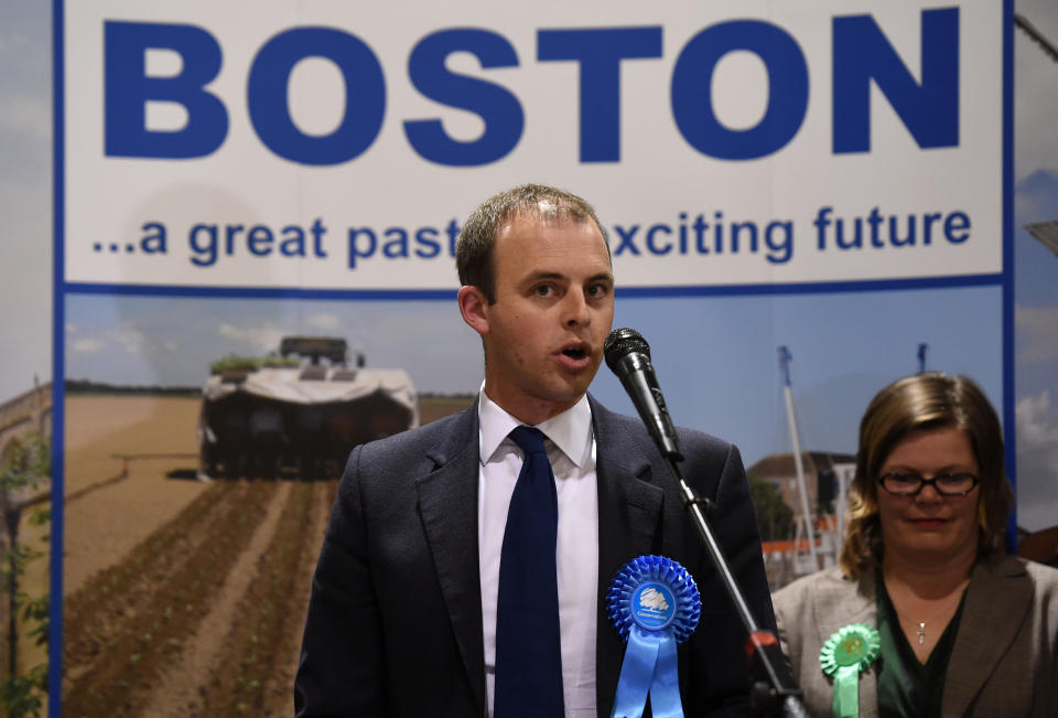 Conservative candidate Matt Warman speaks after winning the Boston and Skegness seat at the Peter Paine Performance Centre in Boston.