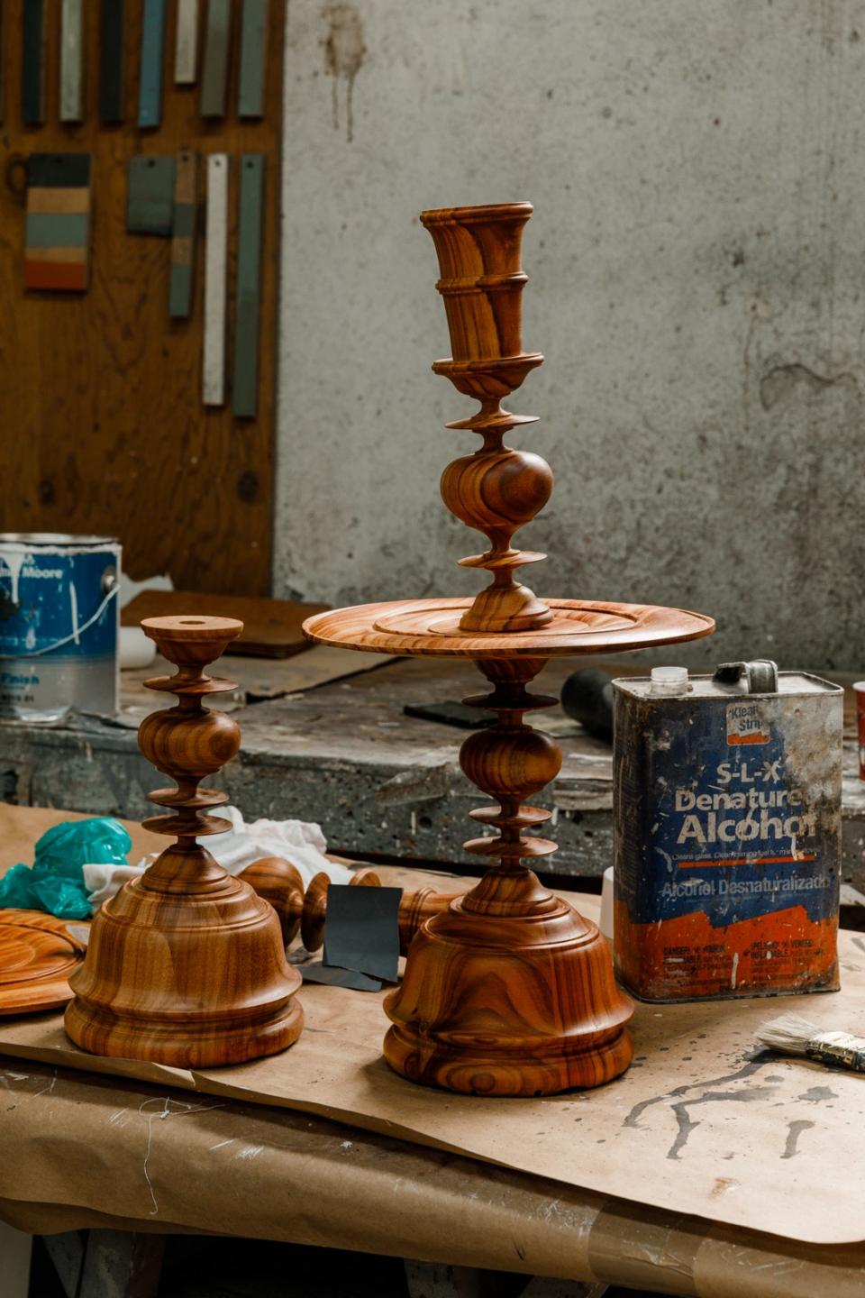 Turned wood candlesticks in Rosselli's workshop