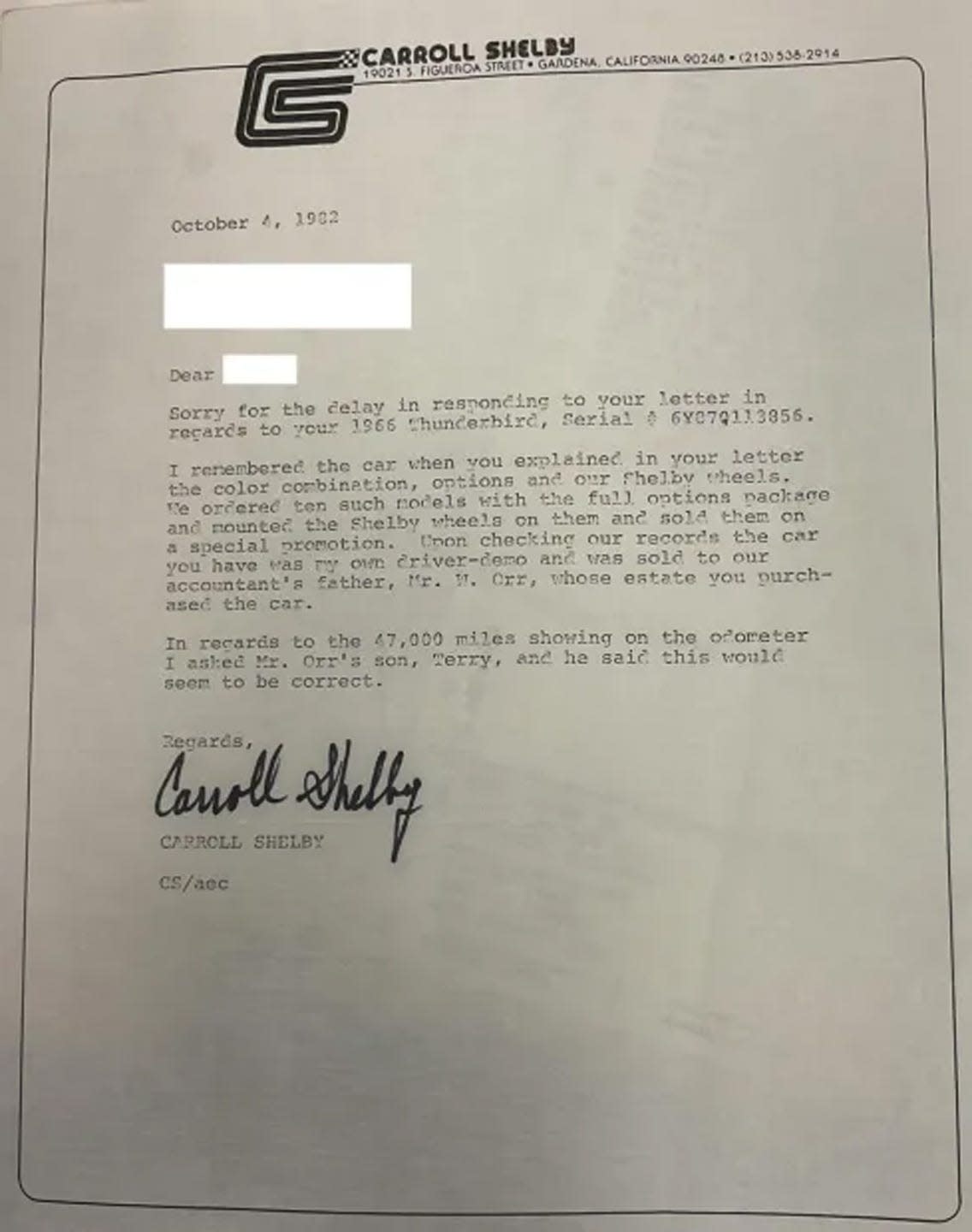 a letter from carroll shelby