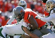 STILLWATER, OK - OCTOBER 29: Running back Joseph Randle #1 of Oklahoma State Cowboys is hit at the goal line in the first half against the Baylor Bears on October 29, 2011 at Boone Pickens Stadium in Stillwater, Oklahoma. Oklahoma State leads Baylor 35-0 at the half. (Photo by Brett Deering/Getty Images)