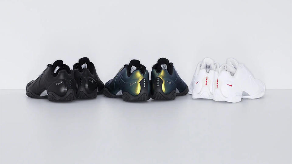 Heel view of all three Supreme x Nike Courtposite colorways