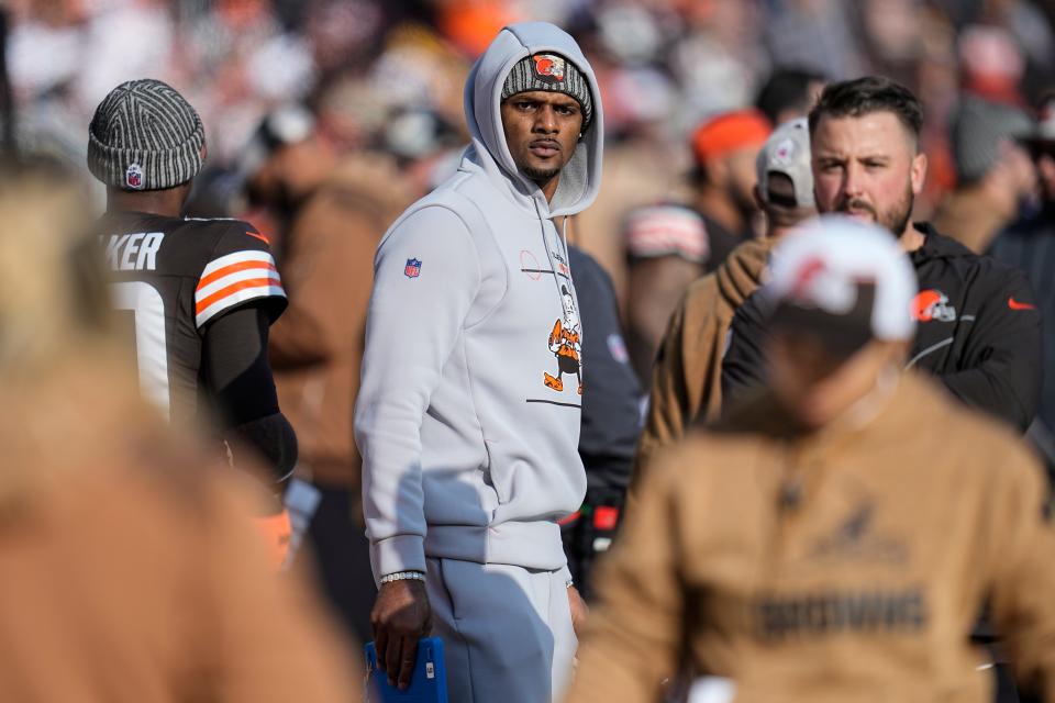 Cleveland Browns quarterback Deshaun Watson (4) stands on the sidelines during the first half against the Pittsburgh Steelers on Nov. 19, 2023, in Cleveland.