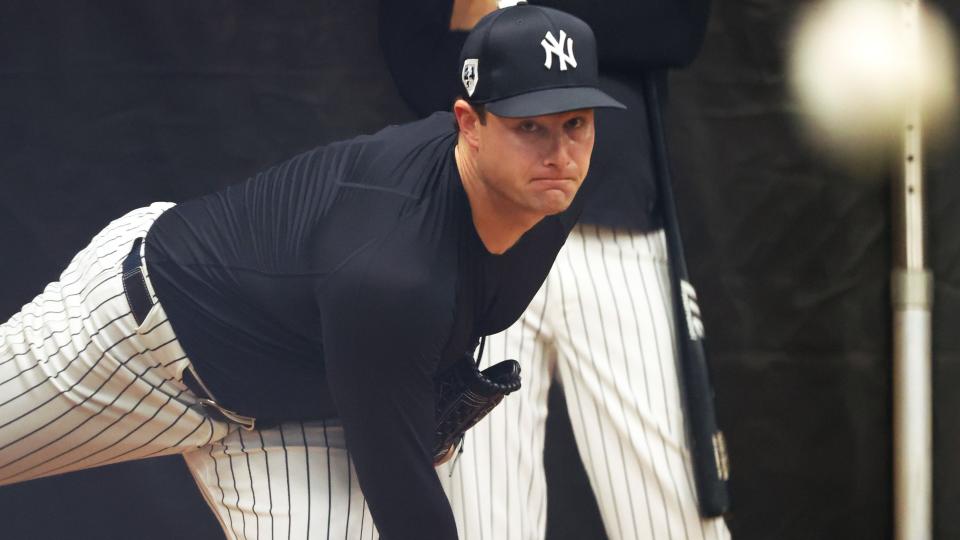 February 15, 2024;  Tampa, Florida, USA;  New York Yankees starting pitcher Gerrit Cole (45) throws during a bullpen session during spring training at George M. Steinbrenner Field.  Mandatory Credit: Kim Klement Neitzel-USA TODAY Sports